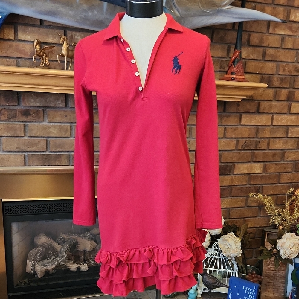 Ralph Lauren Red Long Sleeve Dress with Ruffle Hem Size XL On Tag Fits Like S